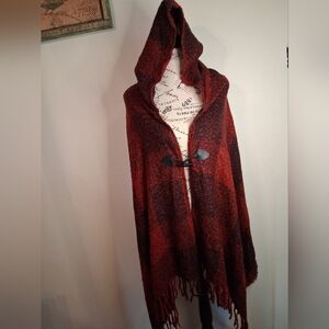 Red and Black Hooded Cape with Toggle Closure
